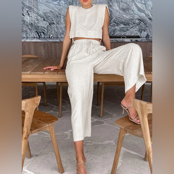 Linen Two Piece Crop Tank Wide Leg Pants Set - Picture 3 of 8